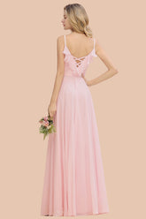 Stylish Draped V-Neck Pink Chiffon Bridesmaid Dress with Spaghetti Straps-27dress